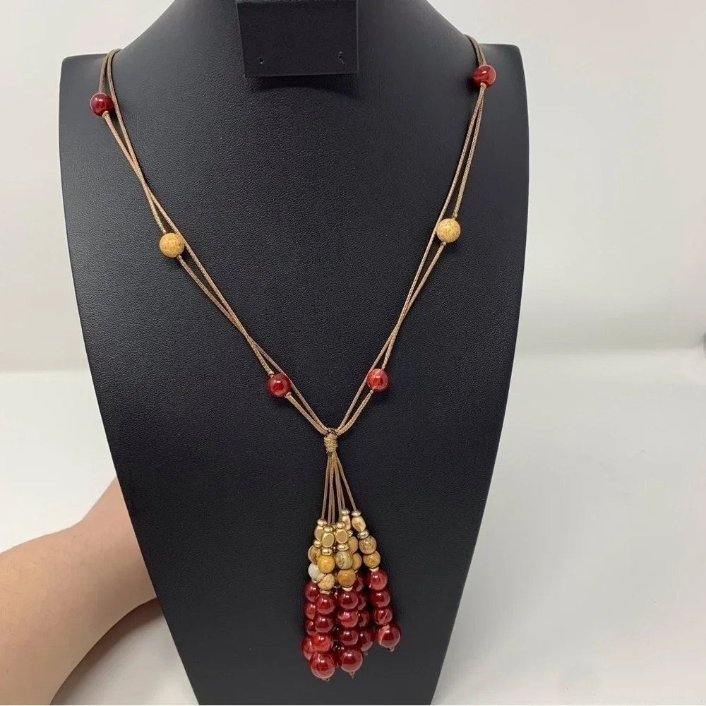Boho Red and Brown Beaded Tassel Long Necklace